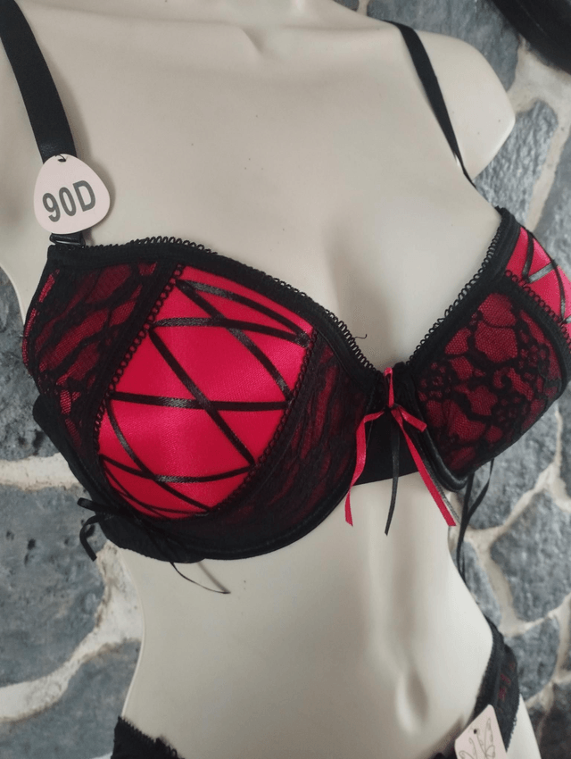 Ensemble rouge et noir avec rembourrage léger et armatures.